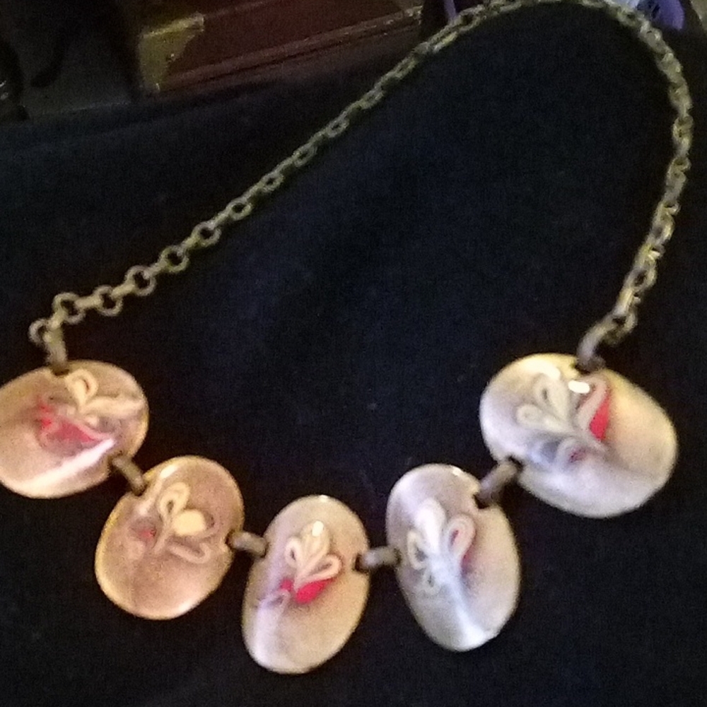 Cooper-Tone Floral Medallion Necklace with Red And Yellow Accents